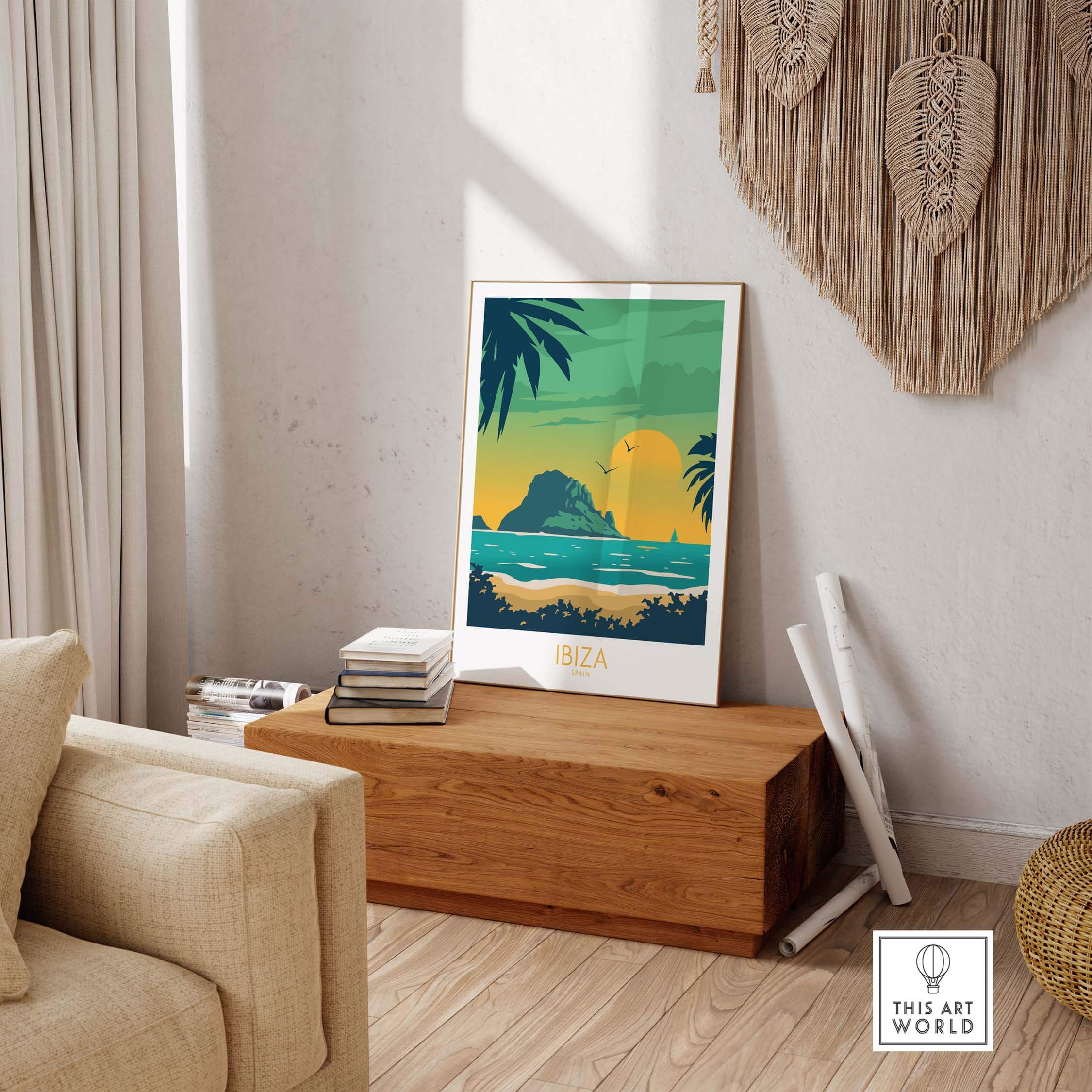 Ibiza Print Travel Poster displayed in a stylish living room, showcasing vibrant colors and vintage travel art.