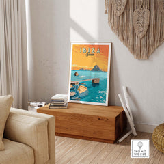 Ibiza Print Spain Sunset Poster displayed in a stylish living room setting.