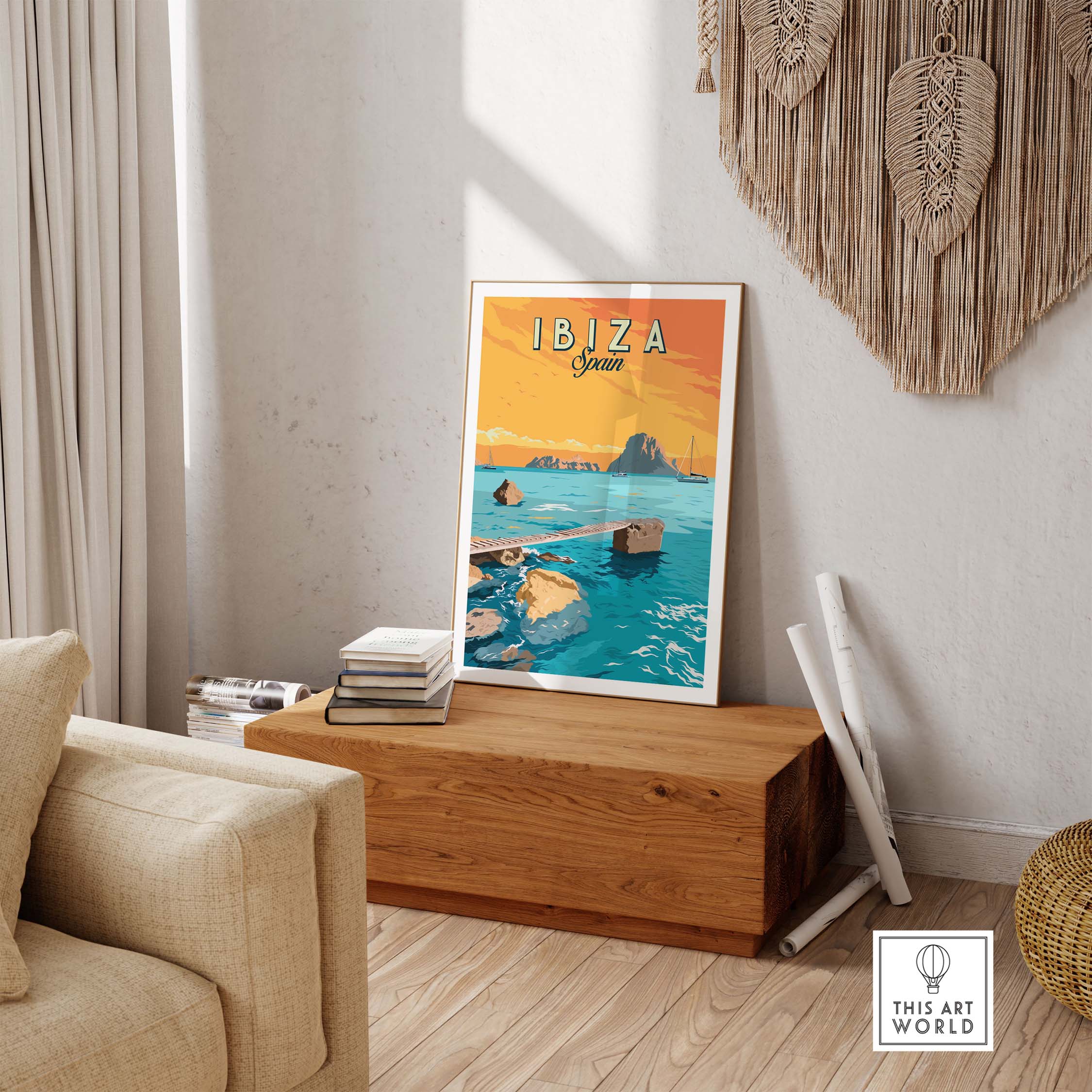 Ibiza Print Spain Sunset Poster displayed in a stylish living room setting.