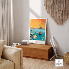 Ibiza Poster Island Wall Art displayed in a stylish living room with cozy decor.