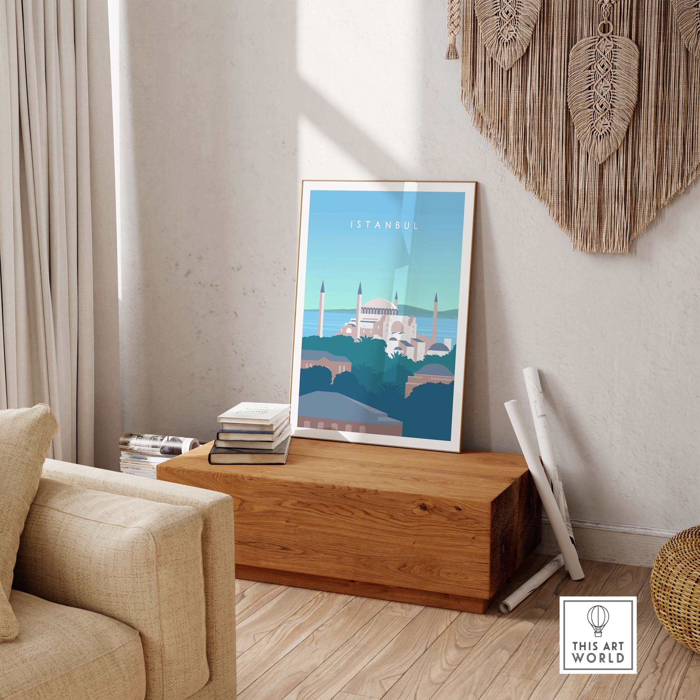 Istanbul Print Wall Art Poster featuring Sultan Ahmed's Blue Mosque in a stylish living room decor.