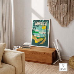 Jamaica Print Beach Poster displayed in a stylish interior, capturing vintage travel art for home decor.