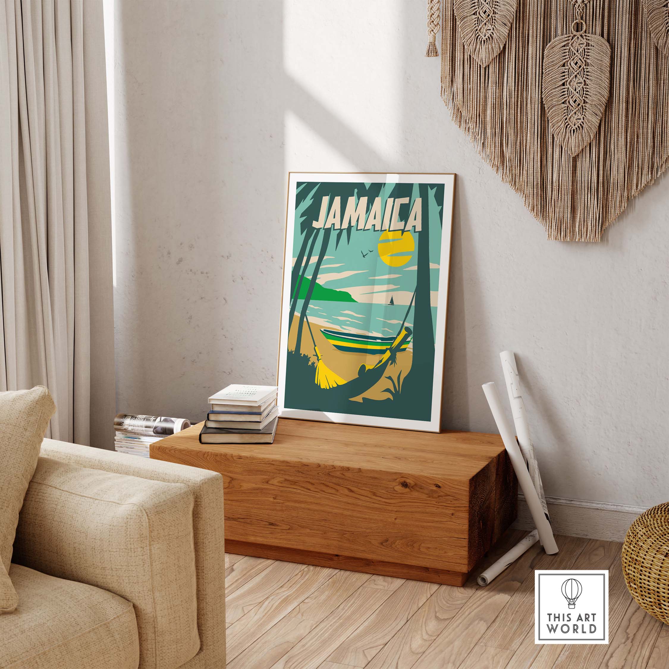 Jamaica Print Beach Poster displayed in a stylish interior, capturing vintage travel art for home decor.