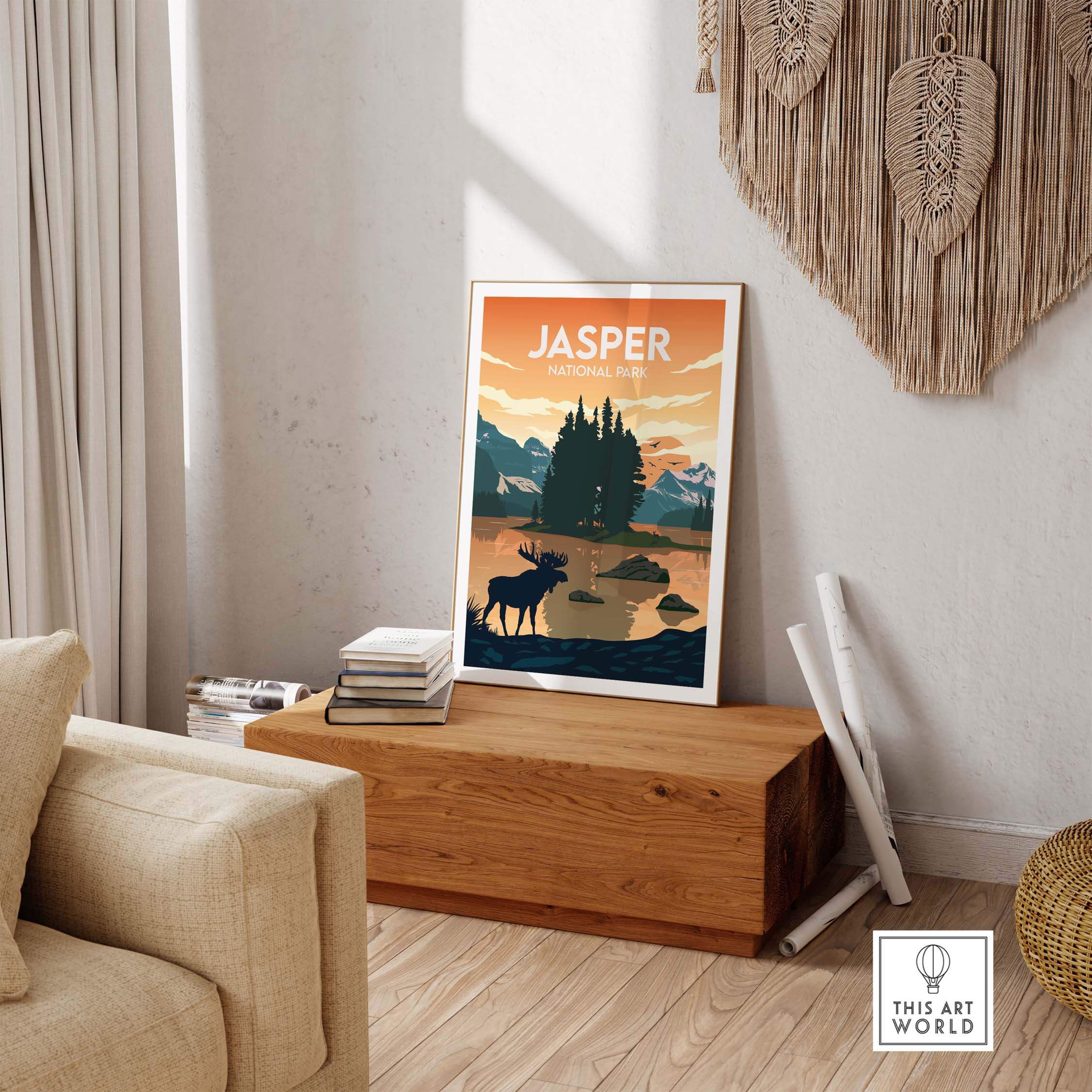 Jasper Print National Park Poster displayed in a cozy living space, highlighting minimalist nature art and wanderlust.