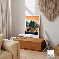 Jasper National Park poster art print displayed in a stylish living room setting with wooden decor.