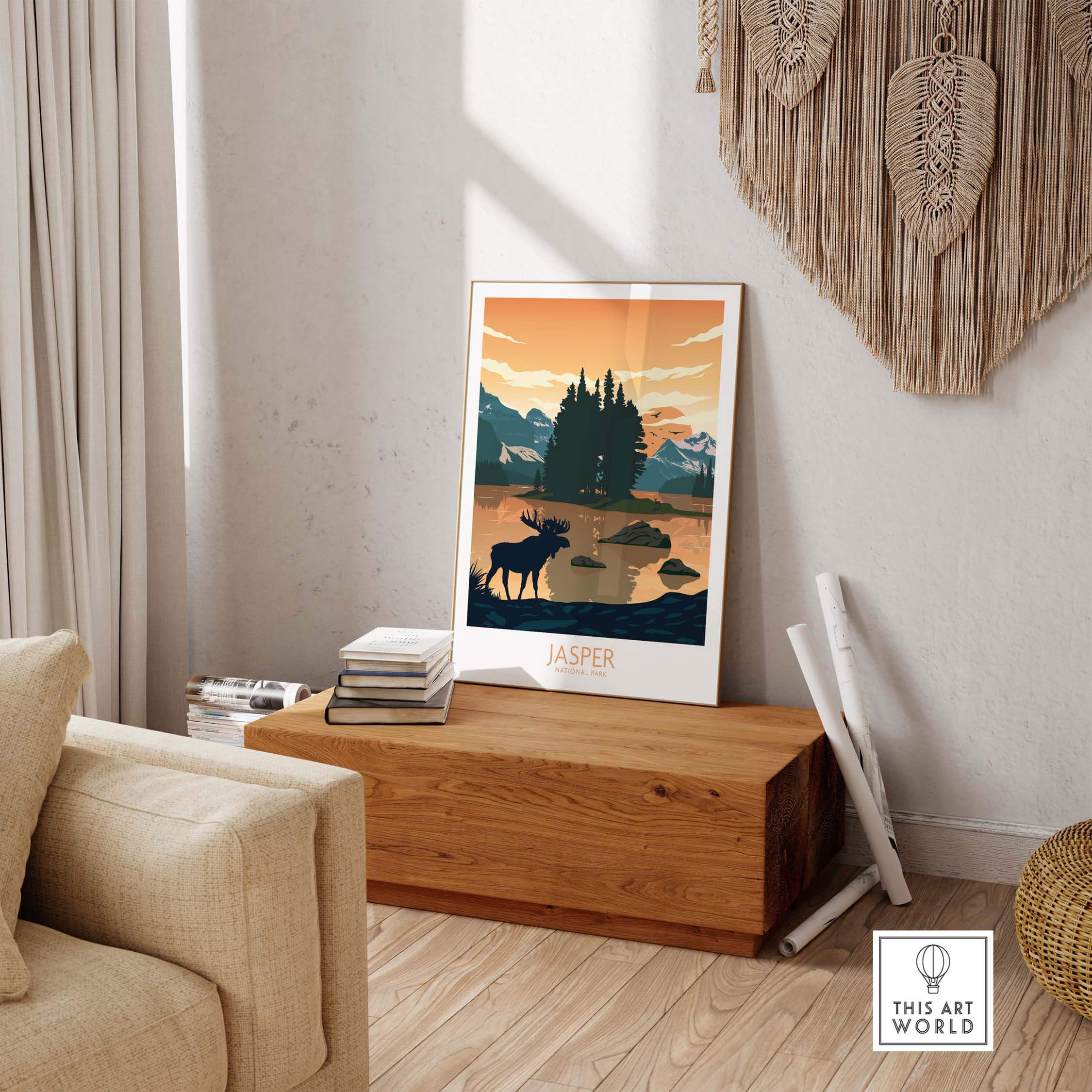 Jasper National Park poster art print displayed in a stylish living room setting with wooden decor.