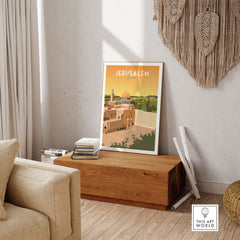 Minimalist Jerusalem print poster showcased in a modern living room, capturing the essence of travel nostalgia.