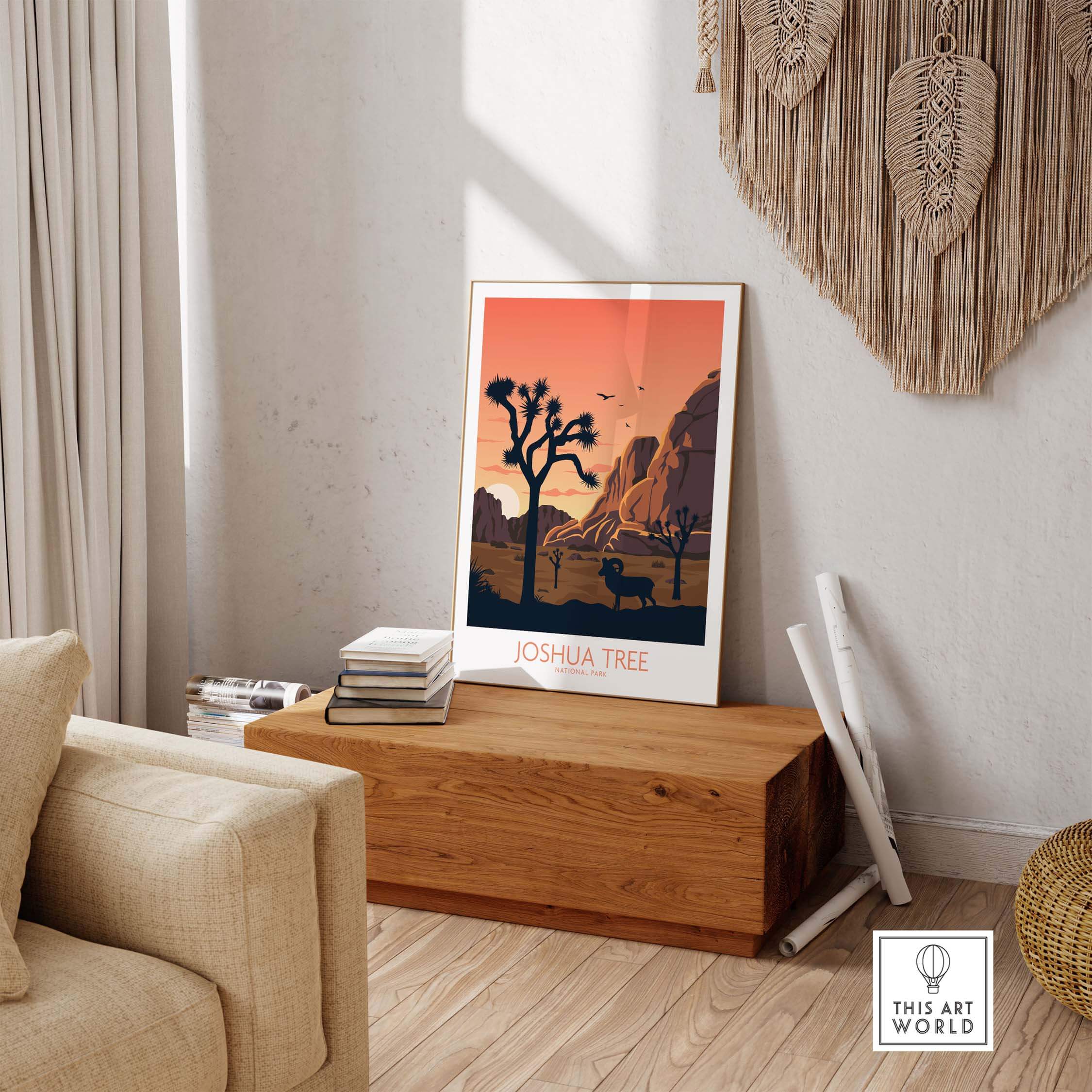 Joshua Tree wall art poster displayed in a modern living space with a wooden table and cozy decor.