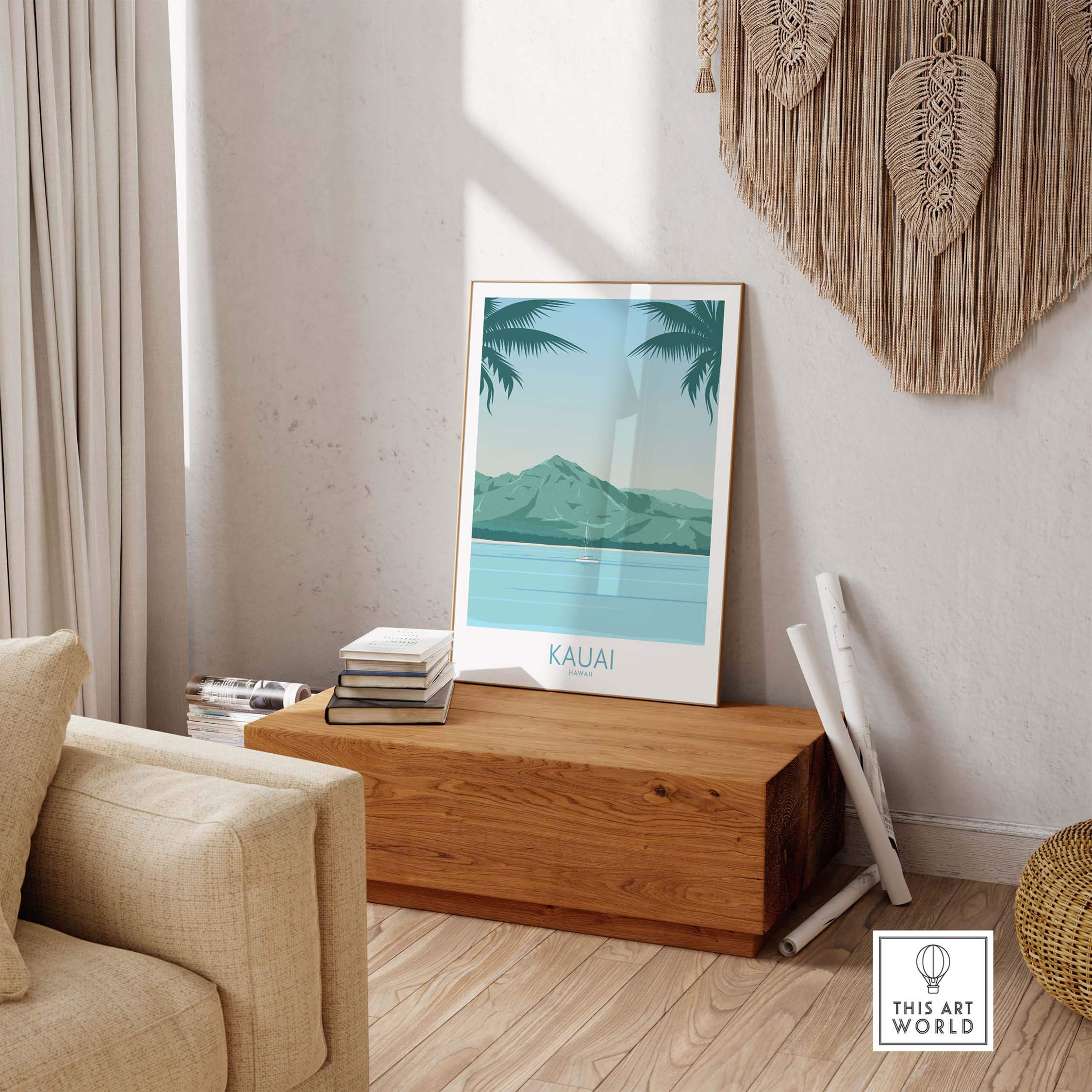 Kauai Print Hawaii Island Beach Poster displayed in a cozy living room with natural decor.
