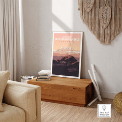 Kilimanjaro Print Wall Art Poster displayed in a stylish living room setting with natural light.