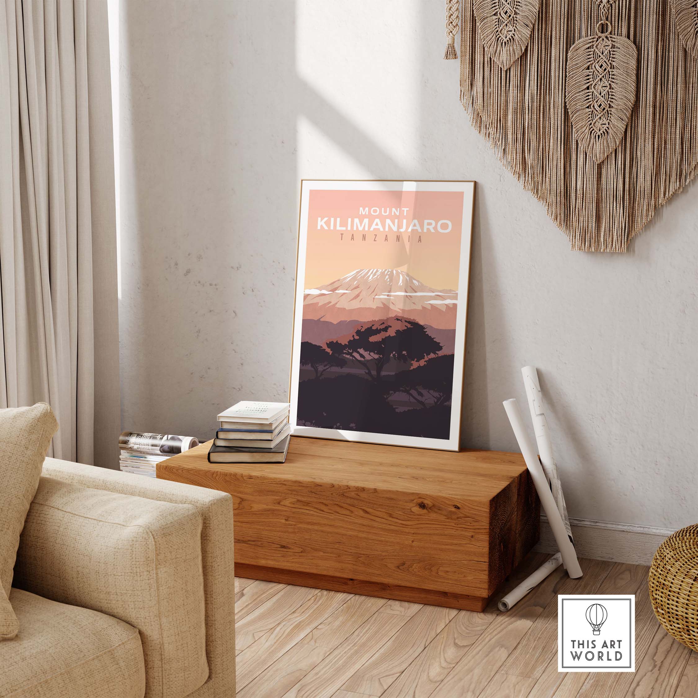 Kilimanjaro Print Wall Art Poster displayed in a stylish living room setting with natural light.