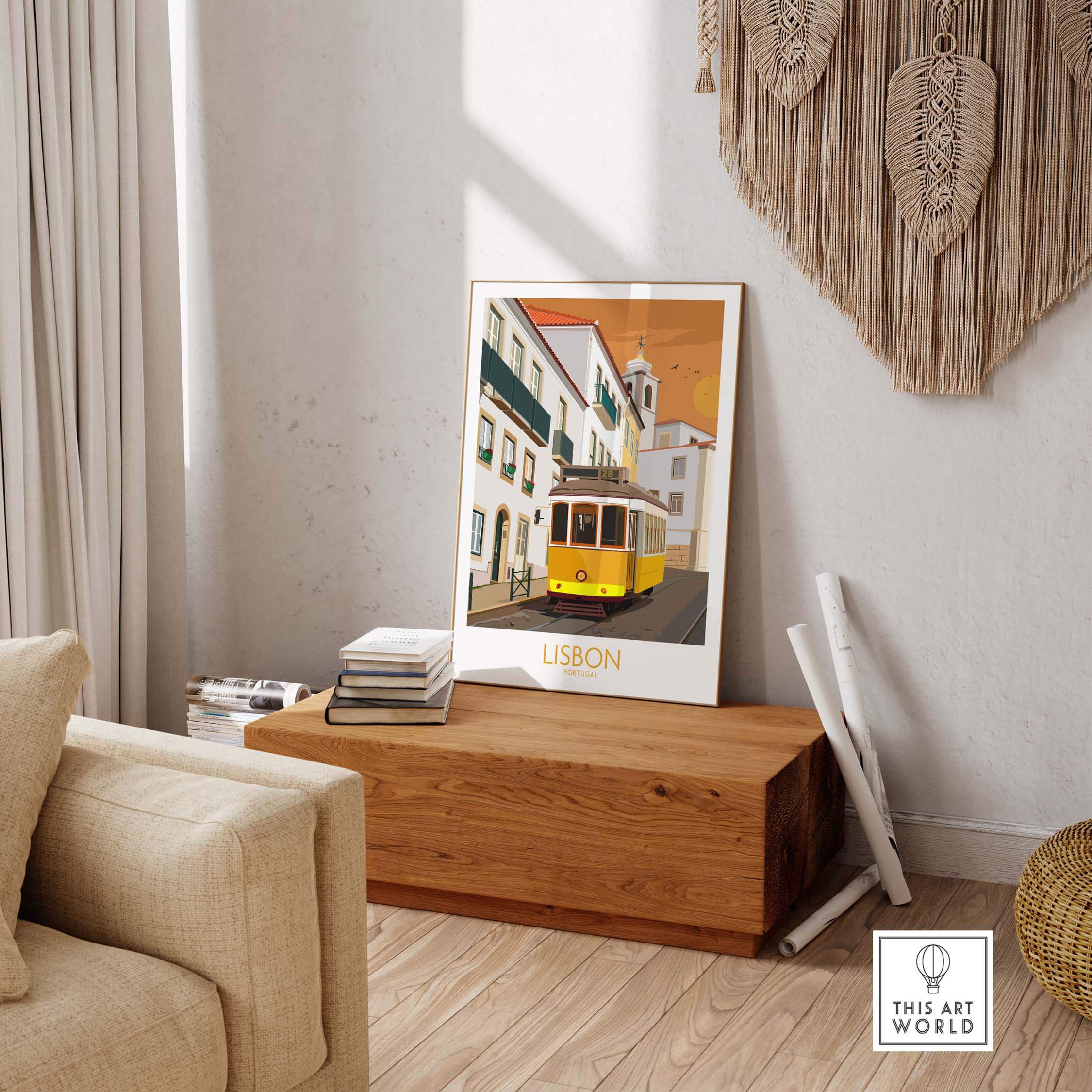 Lisbon Poster Portugal Print featuring vintage tram in stylish home decor setting, framed artwork for travel lovers.