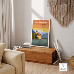 Lac Léman Switzerland Art Print framed in a modern living room, showcasing vintage travel poster style.