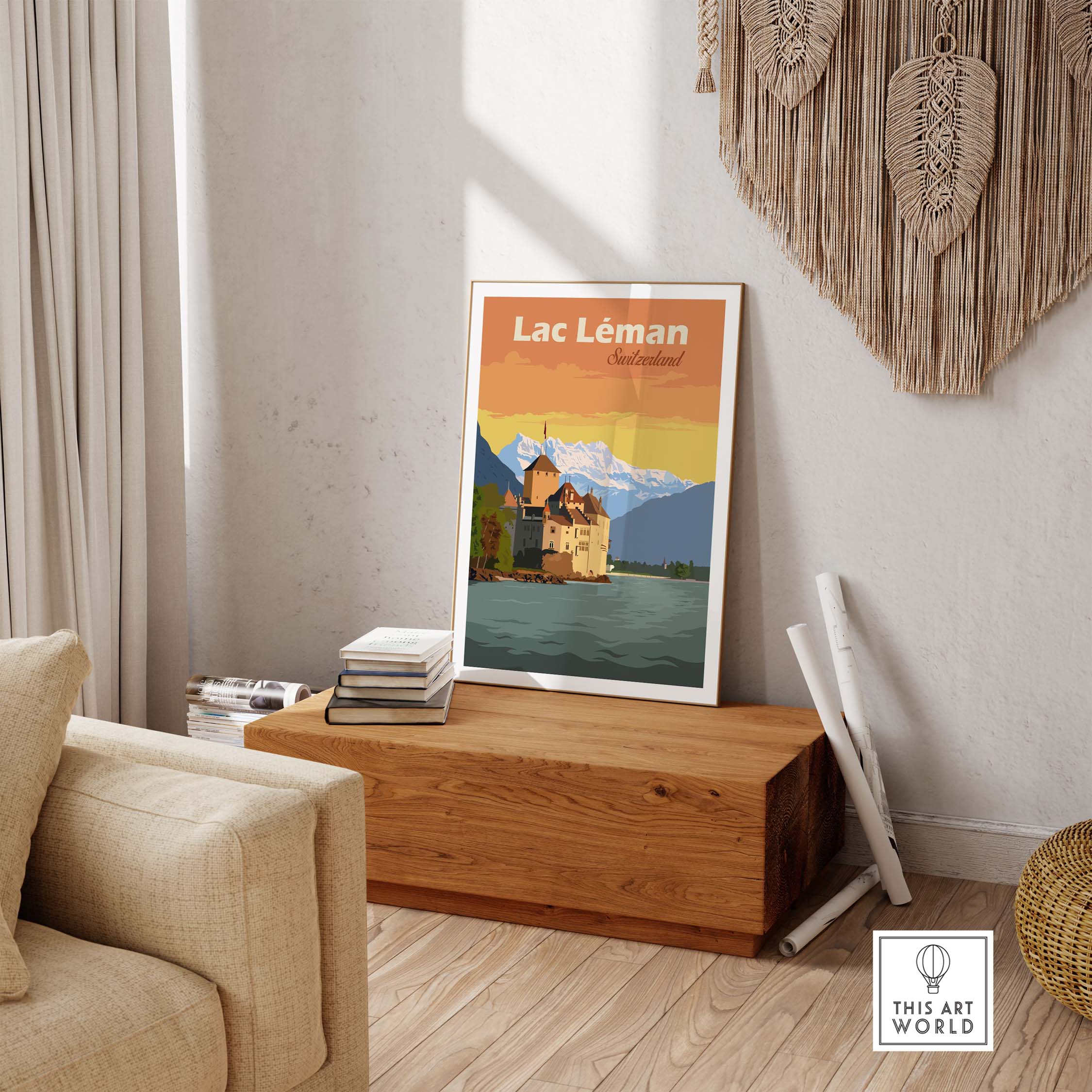 Lac Léman Switzerland Art Print framed in a modern living room, showcasing vintage travel poster style.