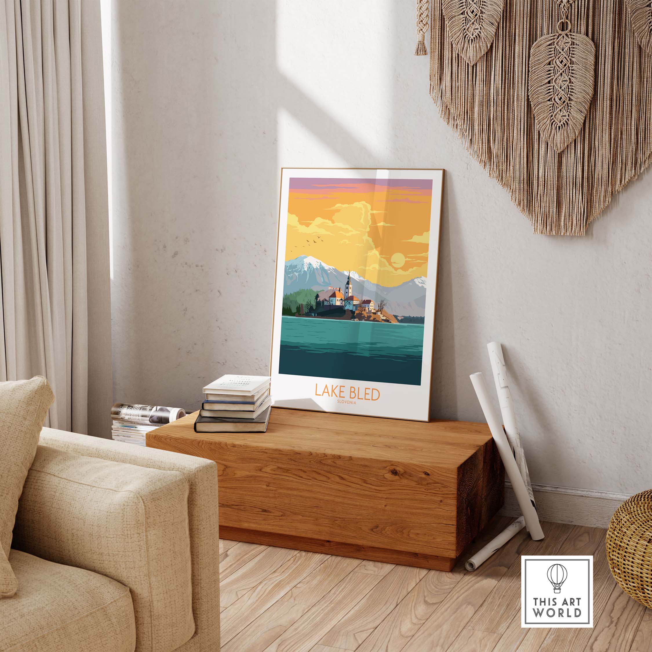 Lake Bled poster displayed in a stylish living room with vintage art inspiration for travel lovers.