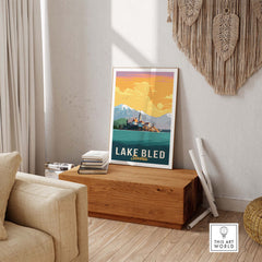 Lake Bled Print Slovenia displayed in a stylish interior setting, perfect for adding travel-inspired decor to your home.