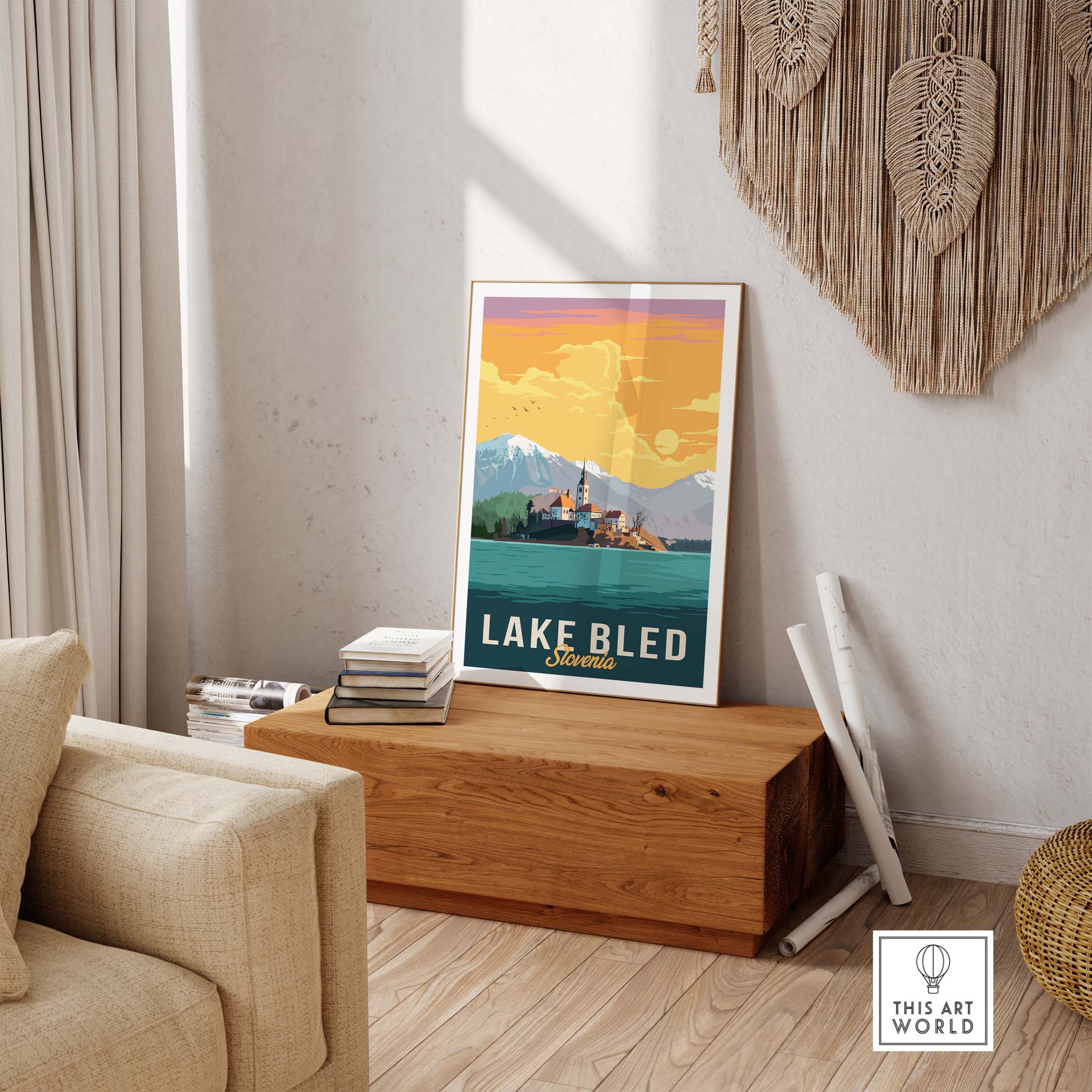 Lake Bled Print Slovenia displayed in a stylish interior setting, perfect for adding travel-inspired decor to your home.