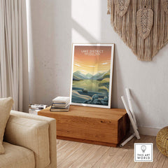 Lake District National Park poster displayed in a stylish home interior with minimalist decor.