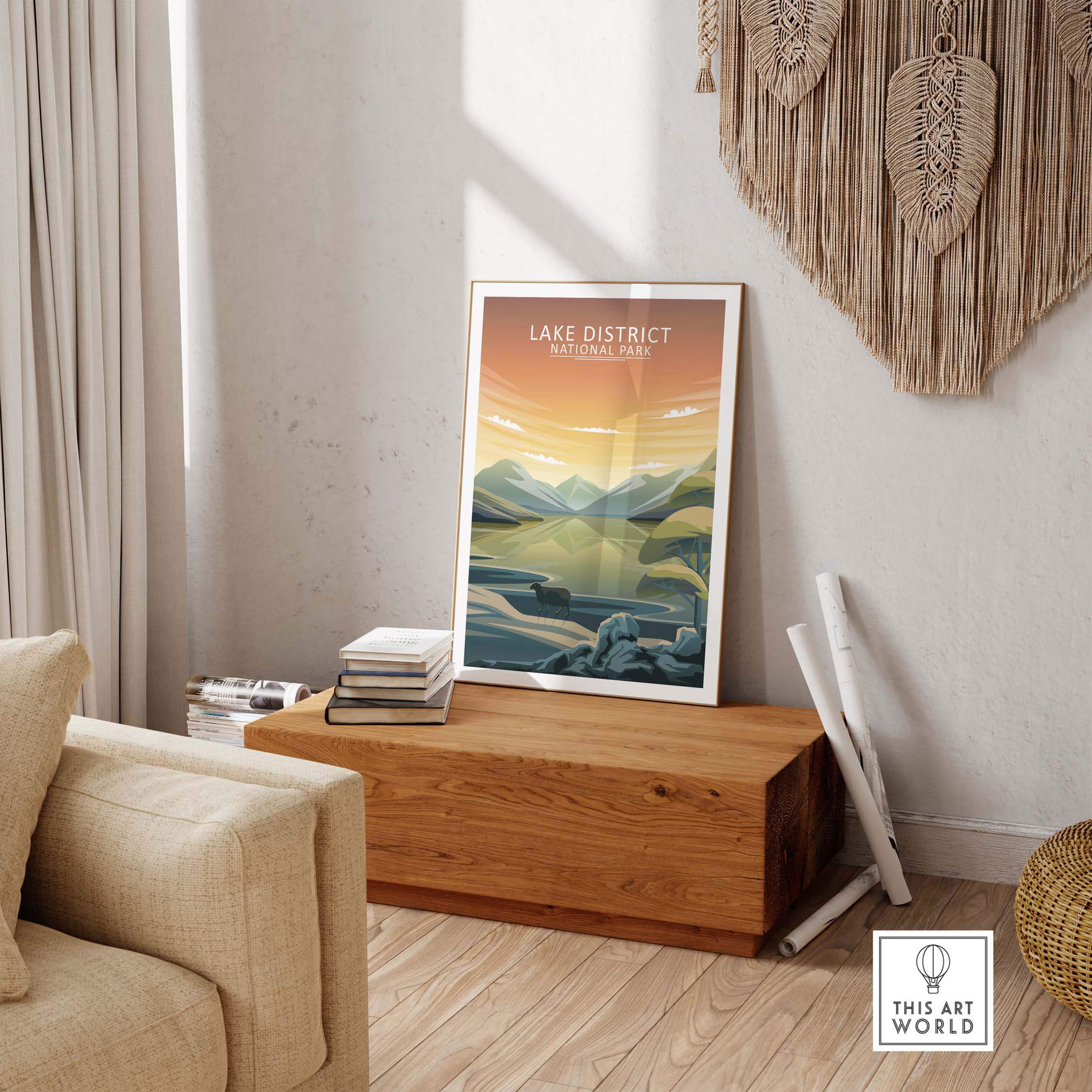 Lake District National Park poster displayed in a stylish home interior with minimalist decor.