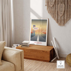 Las Vegas wall art print in a stylish living room setting, featuring vintage travel poster design.