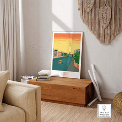 Leeds Print England Travel Poster displayed in a stylish living room setting, showcasing vintage travel art.