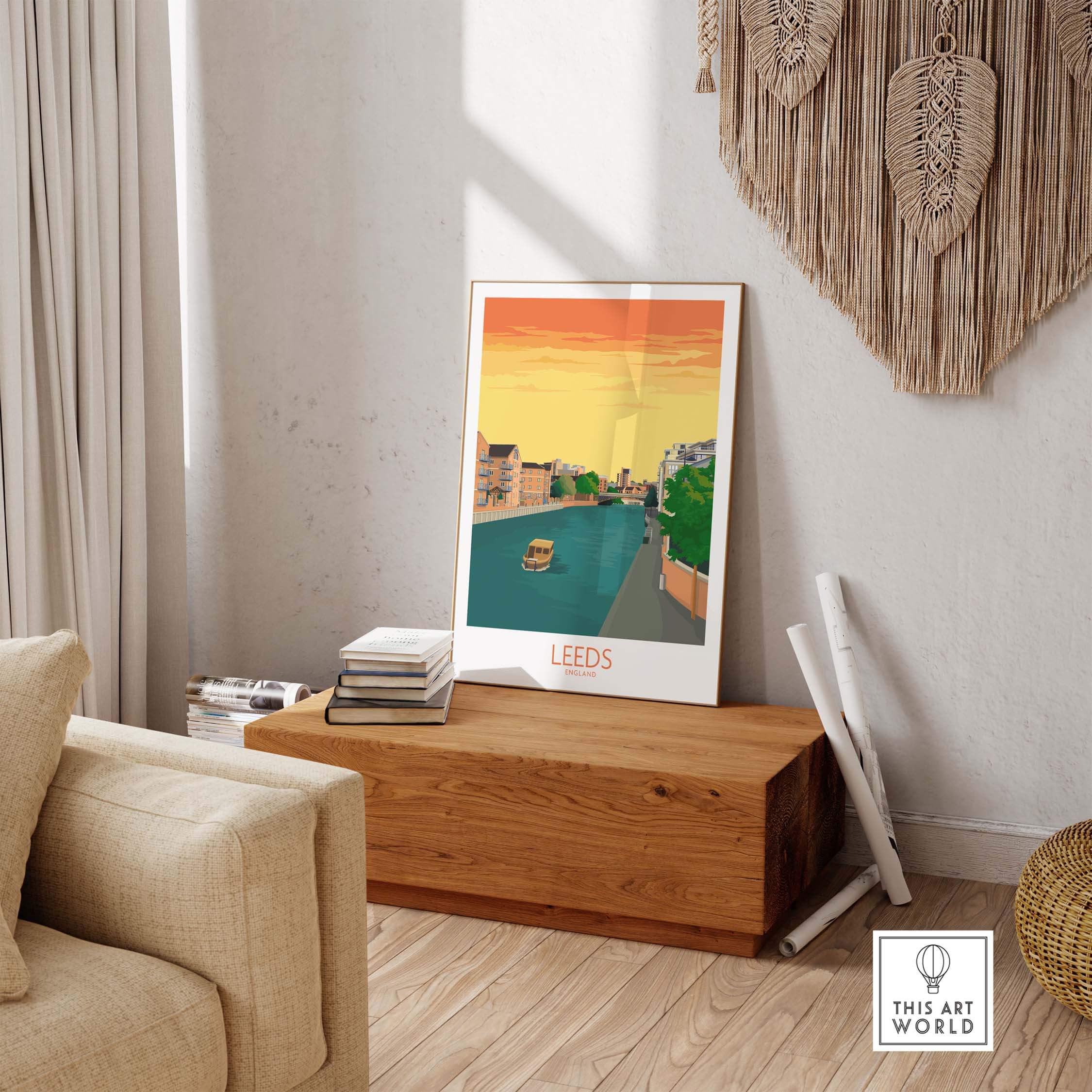 Leeds Print England Travel Poster displayed in a stylish living room setting, showcasing vintage travel art.