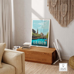 Leiden Netherlands print displayed in a stylish living room, showcasing vintage travel art style.