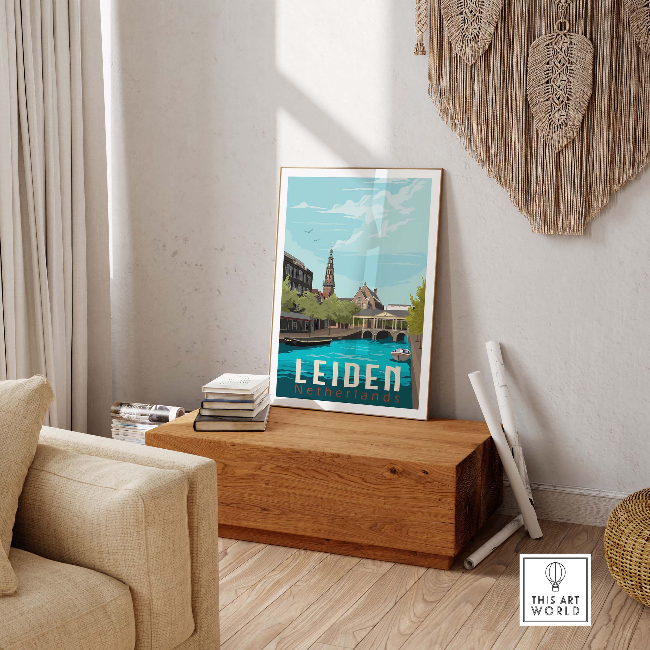 Leiden Netherlands print displayed in a stylish living room, showcasing vintage travel art style.