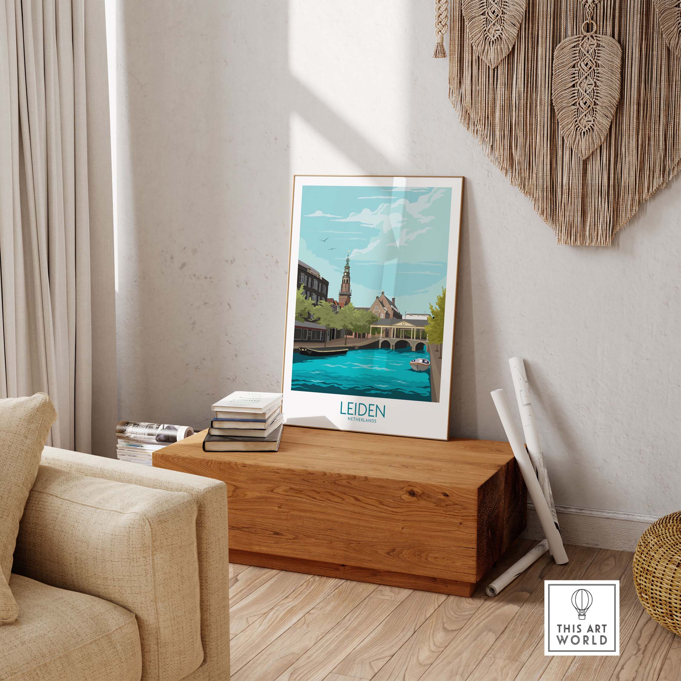 Leiden Poster Netherlands displayed in a stylish interior, showcasing vintage travel art for home decor.