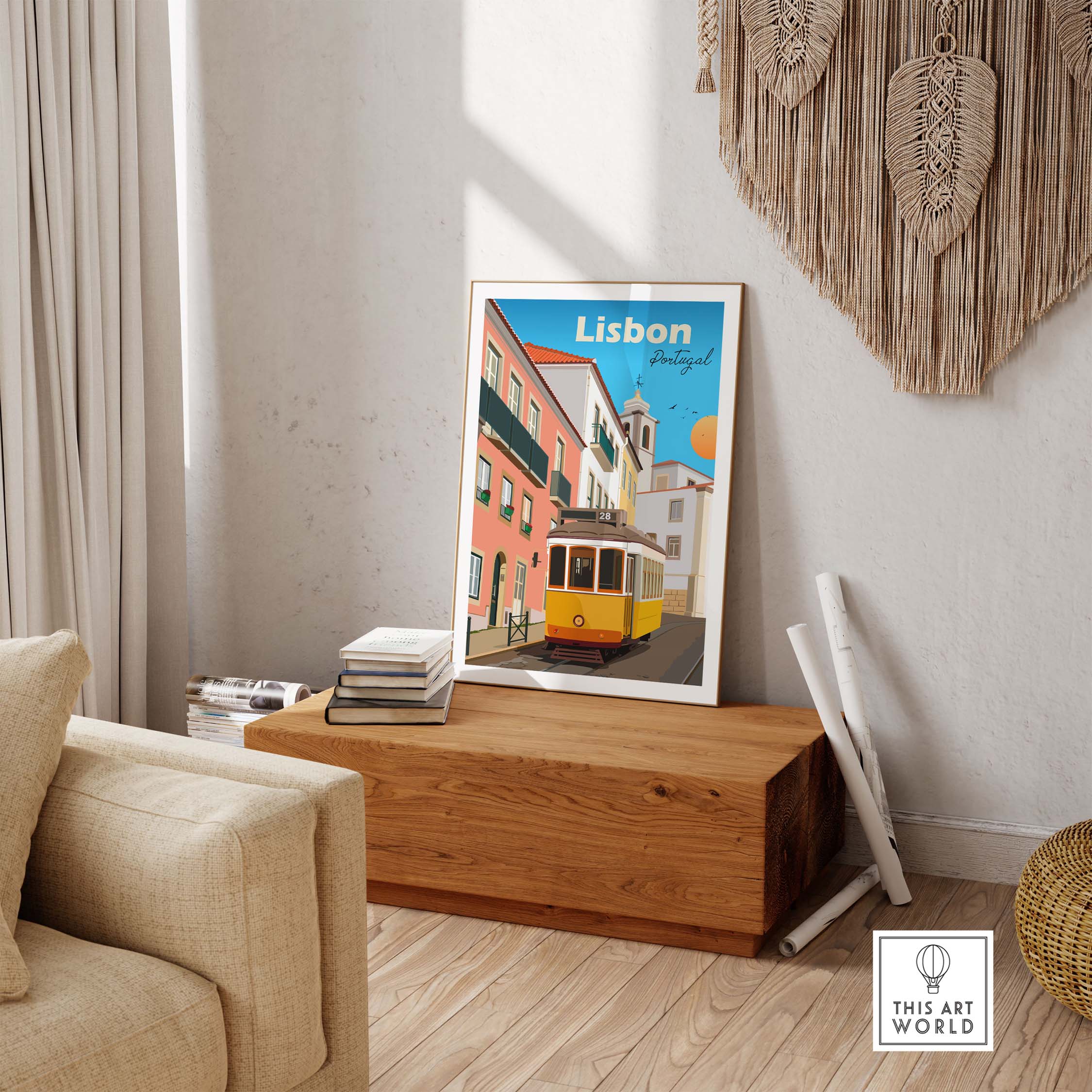 Lisbon travel poster print in a stylish home setting, showcasing vintage-inspired artwork for decor.