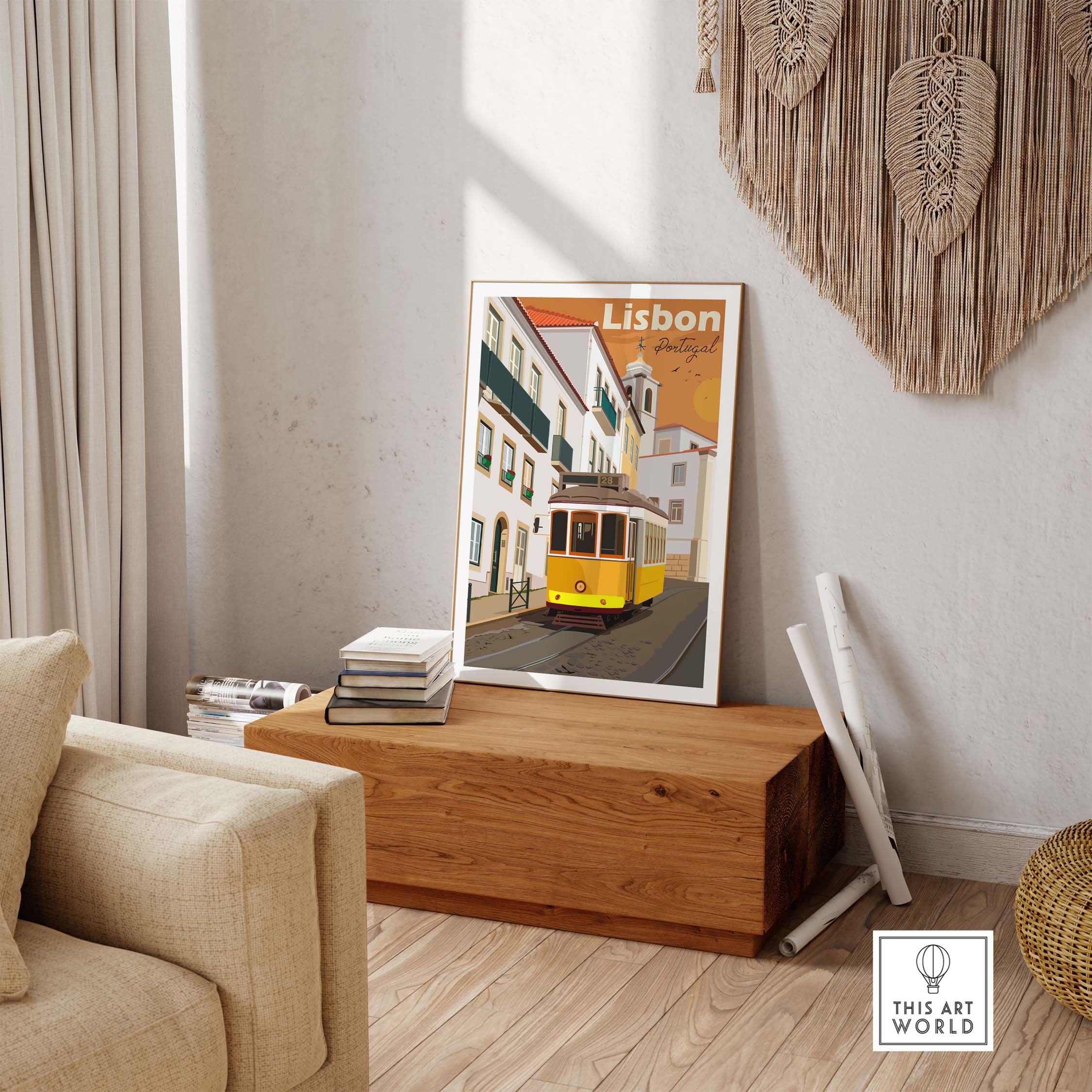 Vintage Lisbon Print Poster Wall Art showcasing a yellow tram, perfect for travel enthusiasts and stylish home decor.