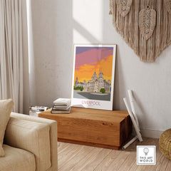 Vibrant Liverpool Print displayed in a stylish living room, adding color and nostalgia to home decor.