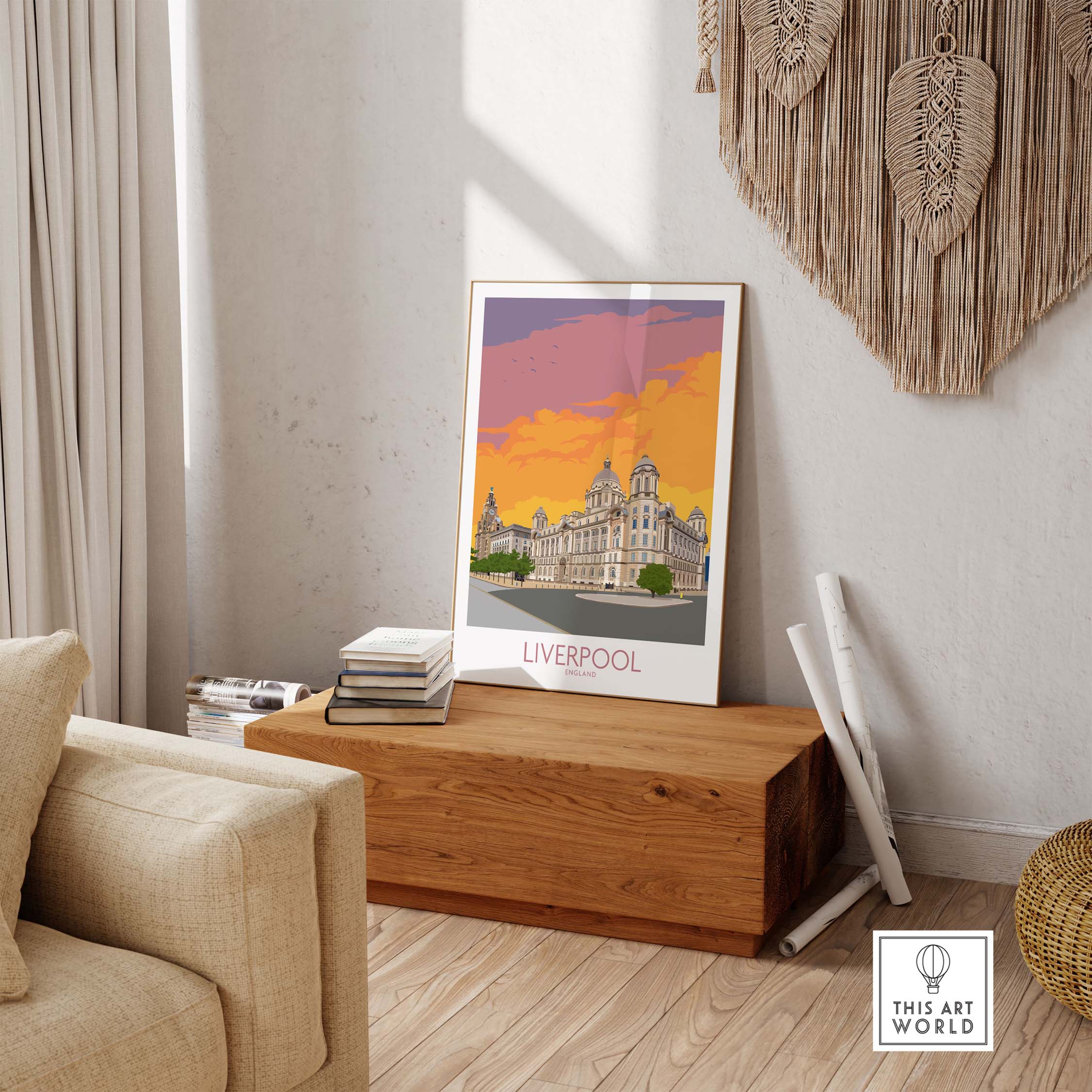 Vibrant Liverpool Print displayed in a stylish living room, adding color and nostalgia to home decor.