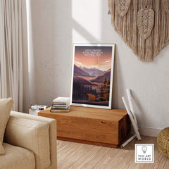 Loch Lomond and The Trossachs Poster in a minimalist frame, showcasing mountains and nature, perfect for home decor.