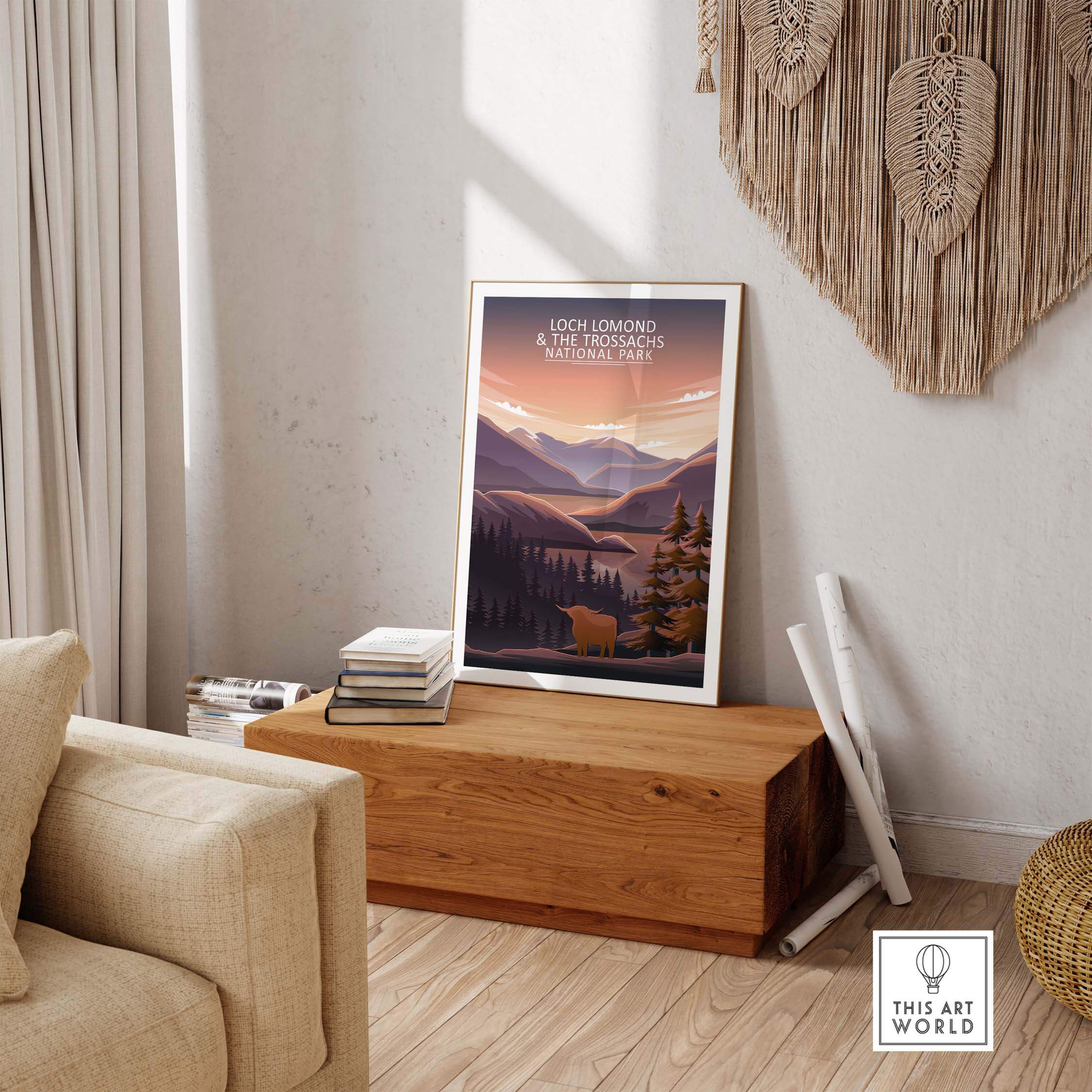 Loch Lomond and The Trossachs Poster in a minimalist frame, showcasing mountains and nature, perfect for home decor.