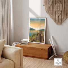 Loch Ness wall art print showcasing a scenic view of Scotland's landscape, designed for stylish home decoration.