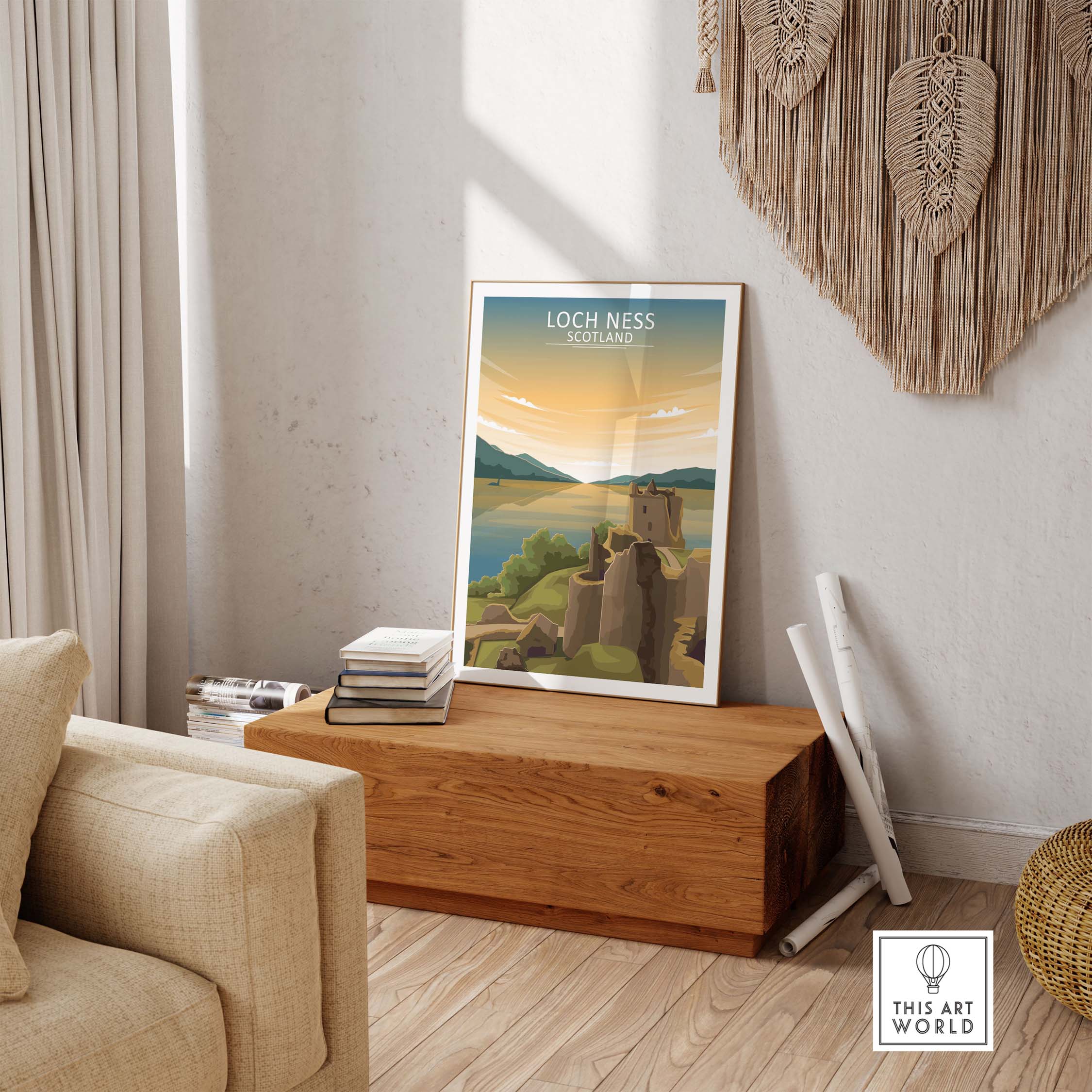 Loch Ness wall art print showcasing a scenic view of Scotland's landscape, designed for stylish home decoration.
