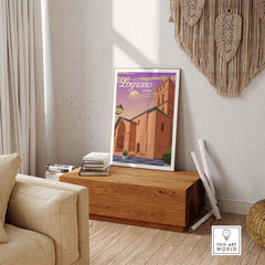 Logrono Spain print artwork displayed in a cozy home setting, showcasing vintage travel style and warm colors.