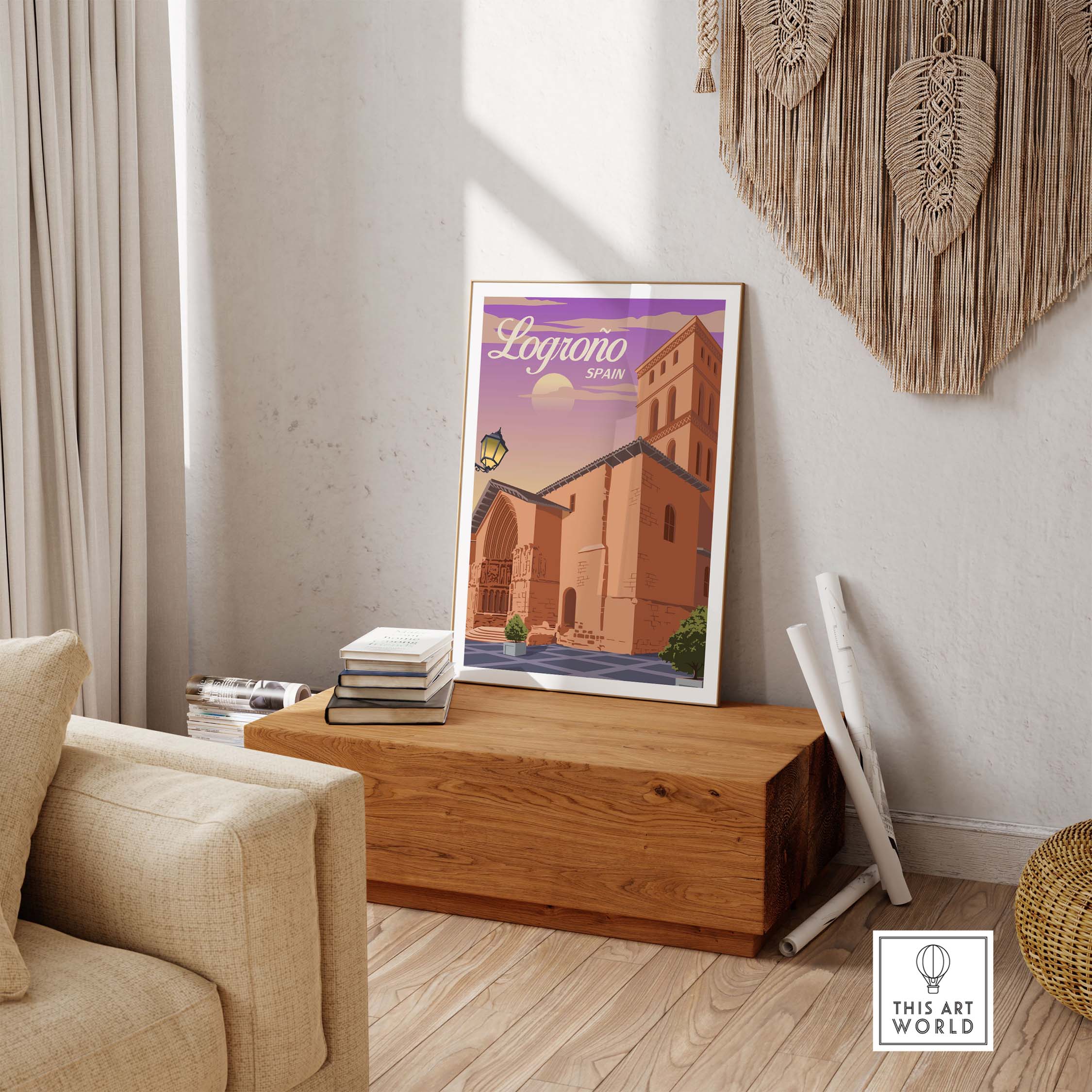 Logrono Spain print artwork displayed in a cozy home setting, showcasing vintage travel style and warm colors.