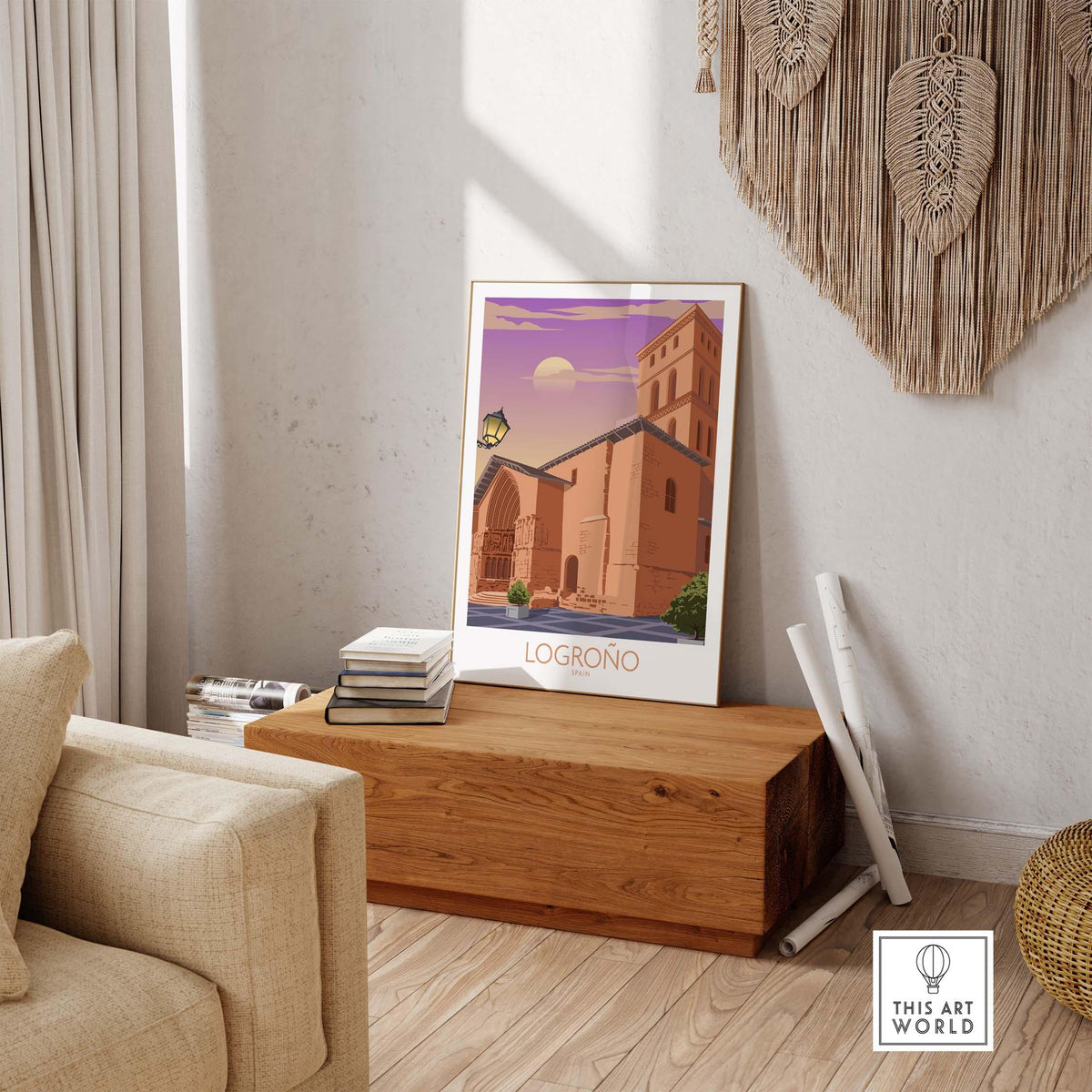 Logrono Spain poster in a stylish interior, showcasing vintage travel art for home or office decor.
