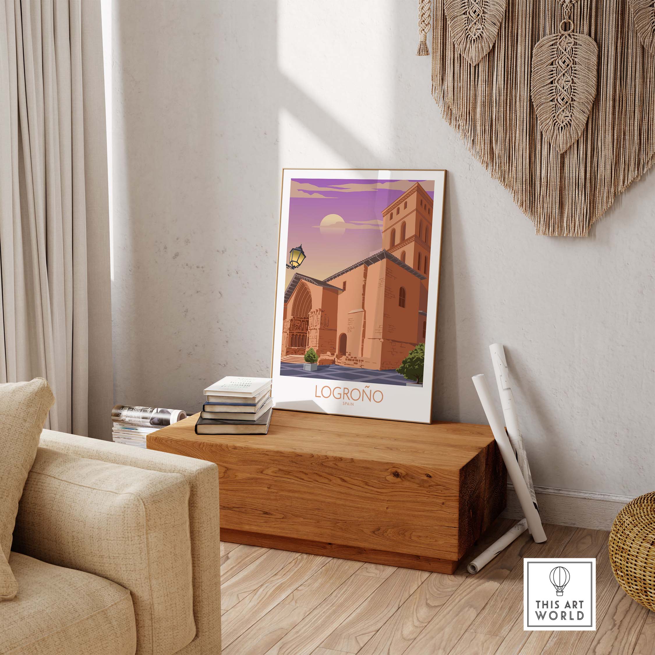 Logrono Spain poster in a stylish interior, showcasing vintage travel art for home or office decor.