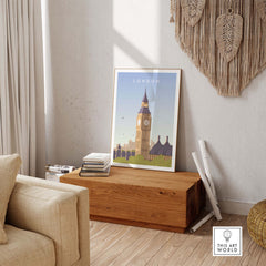 London Print Wall Art Poster featuring Big Ben in a stylish interior setting, perfect for home or office decor.