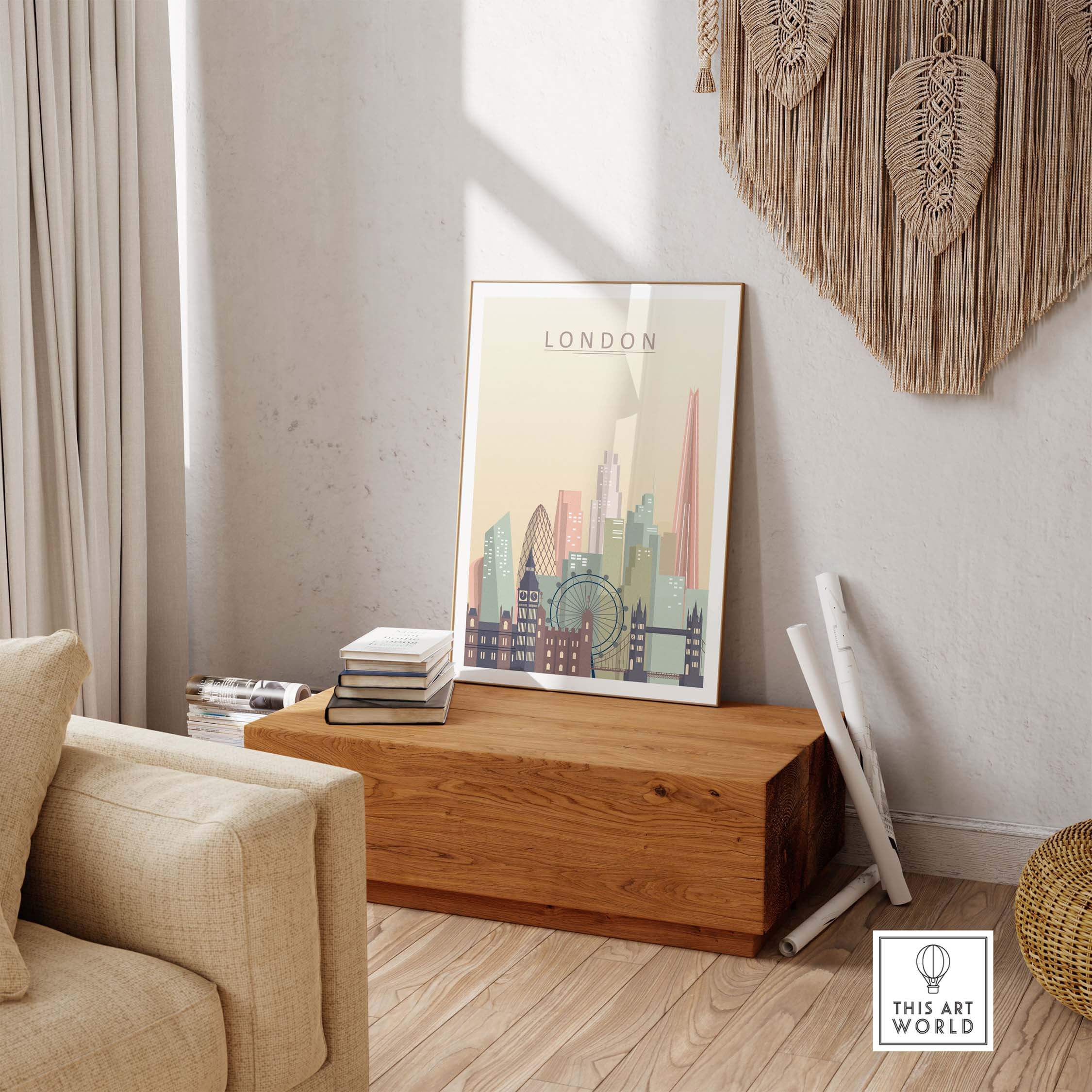 London skyline wall art print featuring iconic buildings in warm pastel tones, perfect for home decor.