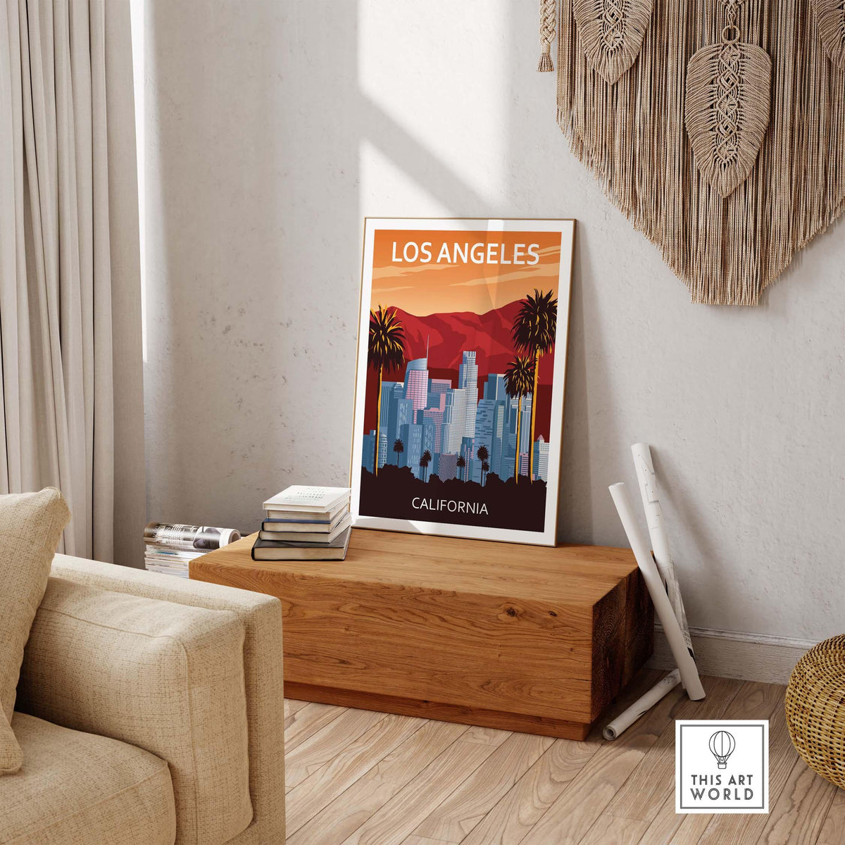 Los Angeles wall art print showcasing a vibrant cityscape with palm trees and mountains in a stylish interior setting.