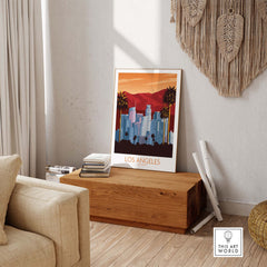 Los Angeles Poster Print showcasing the skyline with a minimalist vintage style in a stylish room setting.