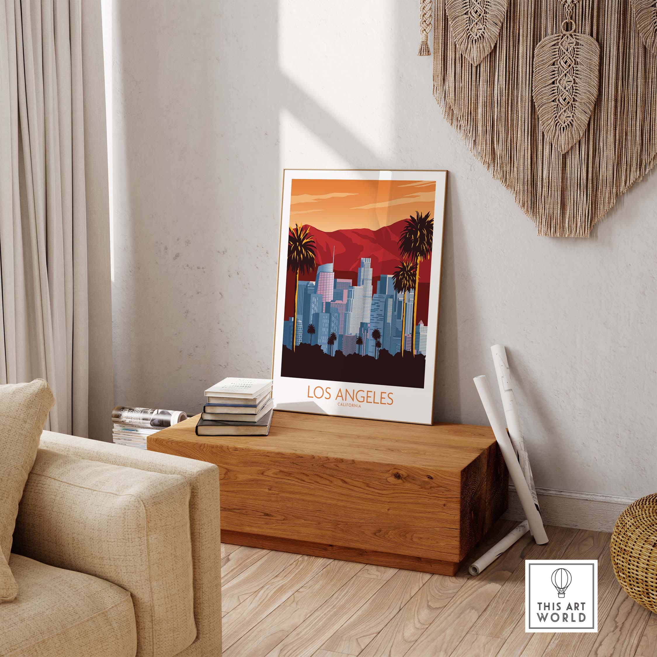 Los Angeles Poster Print showcasing the skyline with a minimalist vintage style in a stylish room setting.