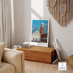 Lucca Print Italy Travel Poster displayed in a cozy interior, showcasing vintage travel art for home decor.