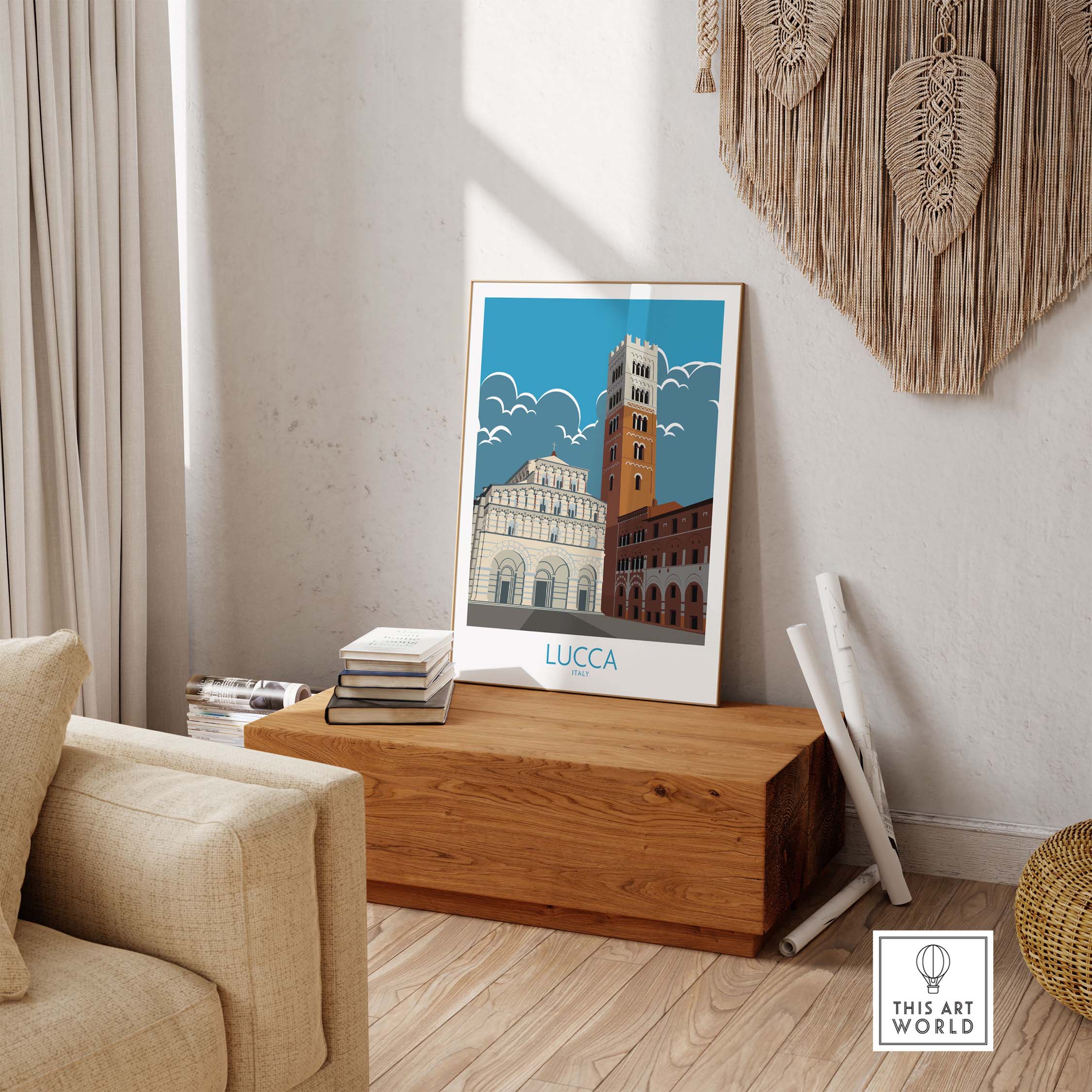 Lucca Print Italy Travel Poster displayed in a cozy interior, showcasing vintage travel art for home decor.