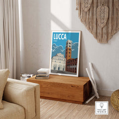 Lucca Poster Italy Wall Art Print in a stylish living room setting, showcasing vintage travel inspiration.