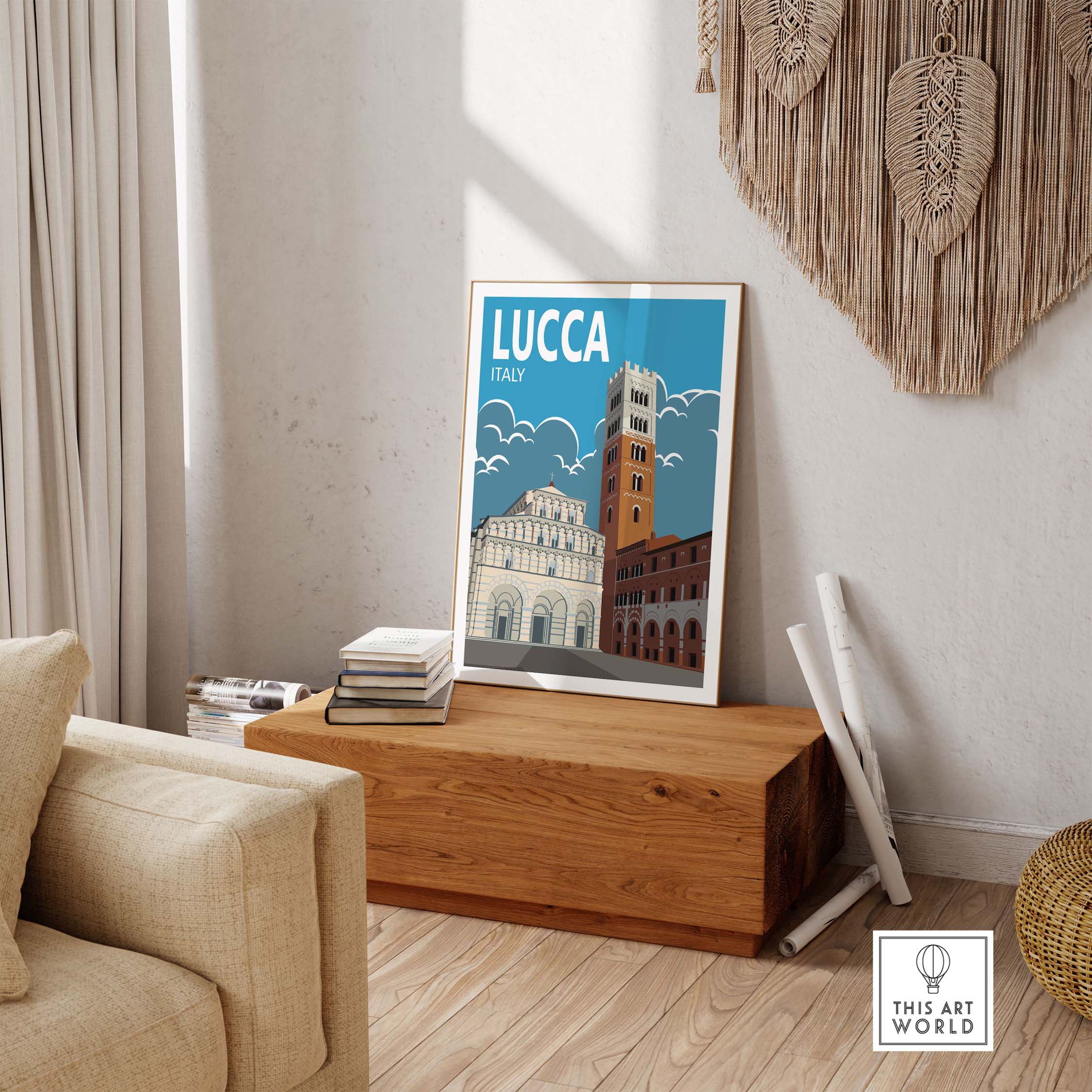 Lucca Poster Italy Wall Art Print in a stylish living room setting, showcasing vintage travel inspiration.